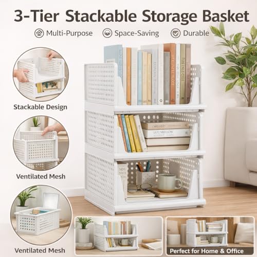Image of URBAN LUXY Foldable Plastic Rack for Storage /Kitchen Cupboard /Sturdy Wardrobe for Clothes /Multipurpose Storage Organizer /Closet for Bedroom /Living Room /Laundry (FOLDABLE STACKABLE BASKET-WHITE, 5PCS)