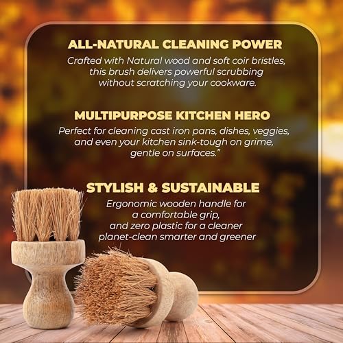 Image of Wooden Dish Scrub Brush Pack of 2 | Natural Coir Bristles Kitchen Scrubber Brush for Cleaning Vegetables, Cast Iron, Pots, Pans & Sink | Natural Wooden Kitchen Cleaning Tool