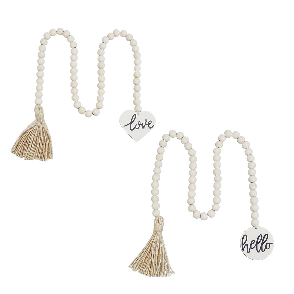 SUPERFINDINGS 2PCS 2 Styles Wood Bead Garland with Tassel 37inch Decorative Beads Farmhouse Beads for Rustic Country Decor Boho Wooden Beads with Love and Hello Tag Pendants