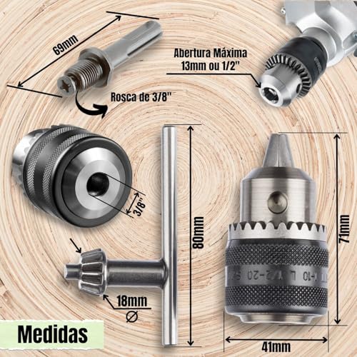 Mandril com Chave 3/8 Rosca 1,5-13mm Universal Castanhas Reforçado Taladro Parafusadeira Furadeira M