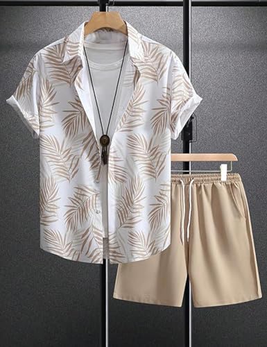 Image of Yimoon Men's Summer 2 Piece Outfits Tropical Print Short Sleeve Button Down Hawaiian Beach Shirt and Shorts Set