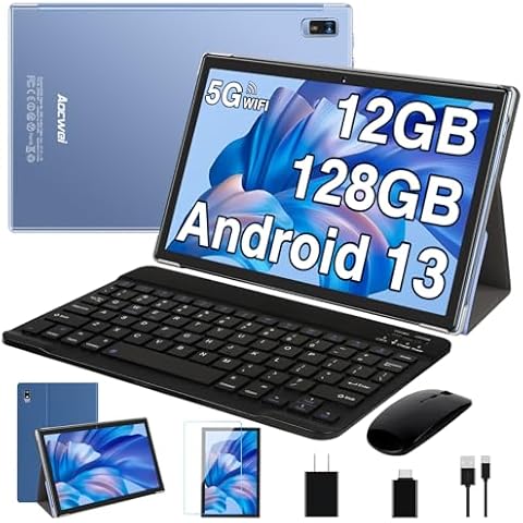 2024 Newest 10 Inch Tablet Android 13 Tablets with Keyboard, 12GB RAM 128GB ROM 512GB Expand, Octa-Core, 5G/2.4G WiFi, HD IPS Display, 8000mAh Tablet PC with Case Mouse GPS Split Screen Support -Blue Cover