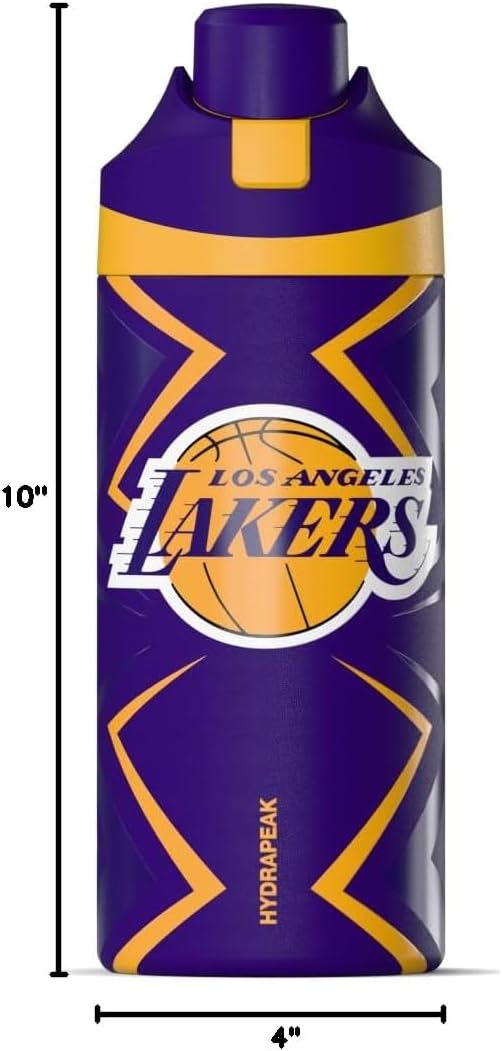 Hydrapeak x NBA Officially Licensed Los Angeles Lakers Oasis 20 oz Insulated Kids Water Bottle, Stainless Steel Water Bottle Kids with Chug Lid, Push Button