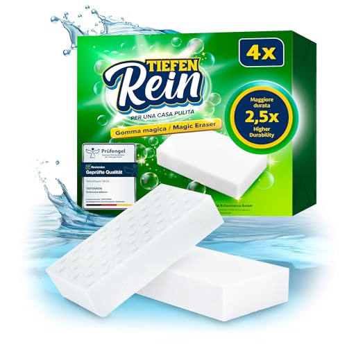 Spugna Magica PRO 4 pezzi - Novità: spugna magica per muro con una durata 2,5 volte superiore | Gomma Magica extra resistente | Magic Eraser rimuove lo sporco da pareti, scarpe, cucine e bagni