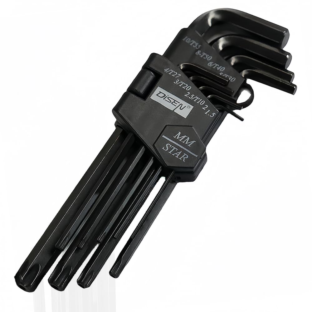 DISENUpgraded 2 in 1 Torx Star & Metric Allen Hex Key Sets 9 Pieces Allen Wrench Set, Long Arm Star Key Set T10-T55,Hex Key 1.5-10MM, Chrome Vanadium Steel