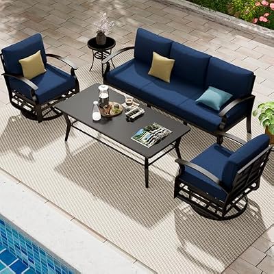 Trumbeak Aluminum Patio Furniture Set with Coffee Table,5 Seats Metal Modern Outdoor Furniture Set w/5.1" Thick Cushions,Patio Sectional w/Swivel Chairs for Backyard,Patio,Navy