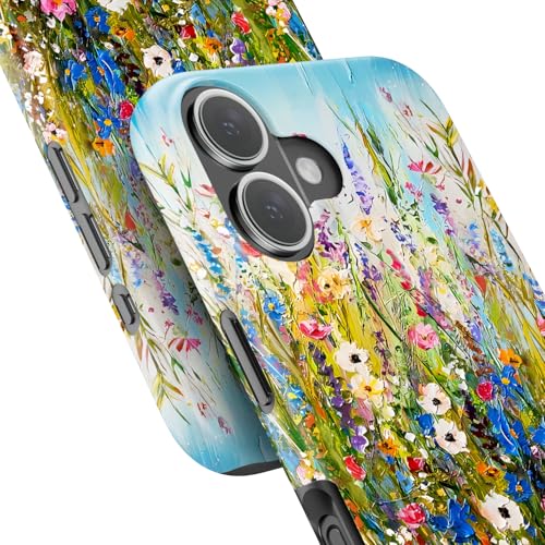 Image of Goodon for iPhone 16 Plus Case Cute - Wireless Charging Compatible - Dual-Layer Hard Shell + Silicone Cover - Protective Phone Case with Trendy Designs for Women - Wildflowers Painting