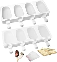 Kettion 2 Pack Popsicle Silicone Molds, 4 Cavities Reusable Mini Silicone Ice Pop Molds Oval with 50 Wooden Sticks and 50 Packing Bags, for Homemade DIY Ice Cream Molds Cakesicle Molds (102, White)