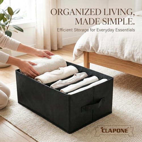 Image of Foldable Fabric Storage Bins with Handles - Collapsible Closet Organizer Boxes for Clothes, Jeans & T-Shirts - Stackable Shelf Drawer Organizers for Bedroom, Wardrobe & Home Storage (Black, Pack Of 4)