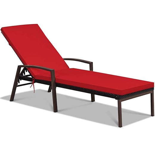 Tangkula Patio Rattan Lounge Chair, Outdoor Reclining Chaise with Cushion and Armrest, Wicker Sun Lounger with Adjustable Backrest for Garden, Balcony, Poolside (1, Red)