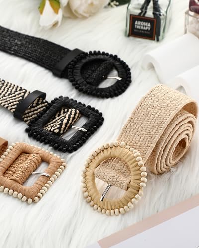 Image of WILLBOND 4 Pcs Women's Elastic Raffia Woven Belt, Boho Rattan Buckle Stretch Straw Wide Waist Belt for Dresses Jeans Pants
