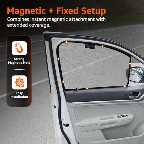 Image of Amazon Basics Side Window Sun Shade for Kia Seltos (2026 Onwards) - Front Half Cut + Rear Zipper | Custom-Fit Magnetic Car Curtains | Black | Pack of 6 Pcs | Cotton Mesh