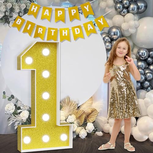imprsv Marquee Numbers Gold 1st-Birthday Decorations: Large 3ft Light Up Number First Birthday Decoration for Boy Girl One Year Old Birthday Decor Party Backdrop Anniversary Big Mosaic Number 1