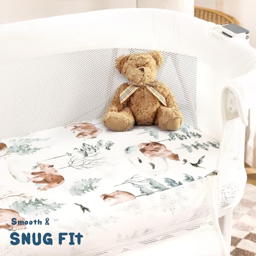 Image of GRSSDER Stretchy Ultra Soft Fitted Bassinet Sheet Set 3 Pack, Universal Fit for Bassinets Baby Cradle Moses Basket Oval Rectangle Mattress Safe and Snug, Stylish Pattren of Bear and Wolf Print