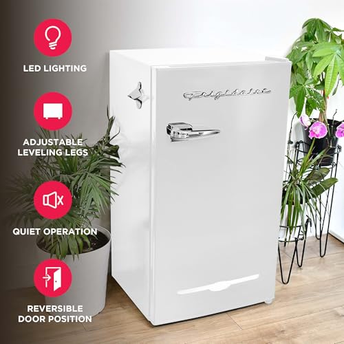 Frigidaire Retro Compact Fridge with Chiller, 3.2 cu ft Countertop Fridge with Built-In Bottle Opener, Compact Refrigerator for Office, Bedroom, Dorm Room or Cabin - 18.7"D x 19.01"W x 33.27"H (White) on Fridge.com