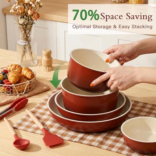 Image of GIPP 21PCS Pots and Pans Set Non Stick,Kitchen Cookware Set Detachable Handle,Red and Black Gradient Pot and Pan Set,Non Toxic Cooking Pan Set with Frying Pans Set,RV Cookware Sets for All Stoves