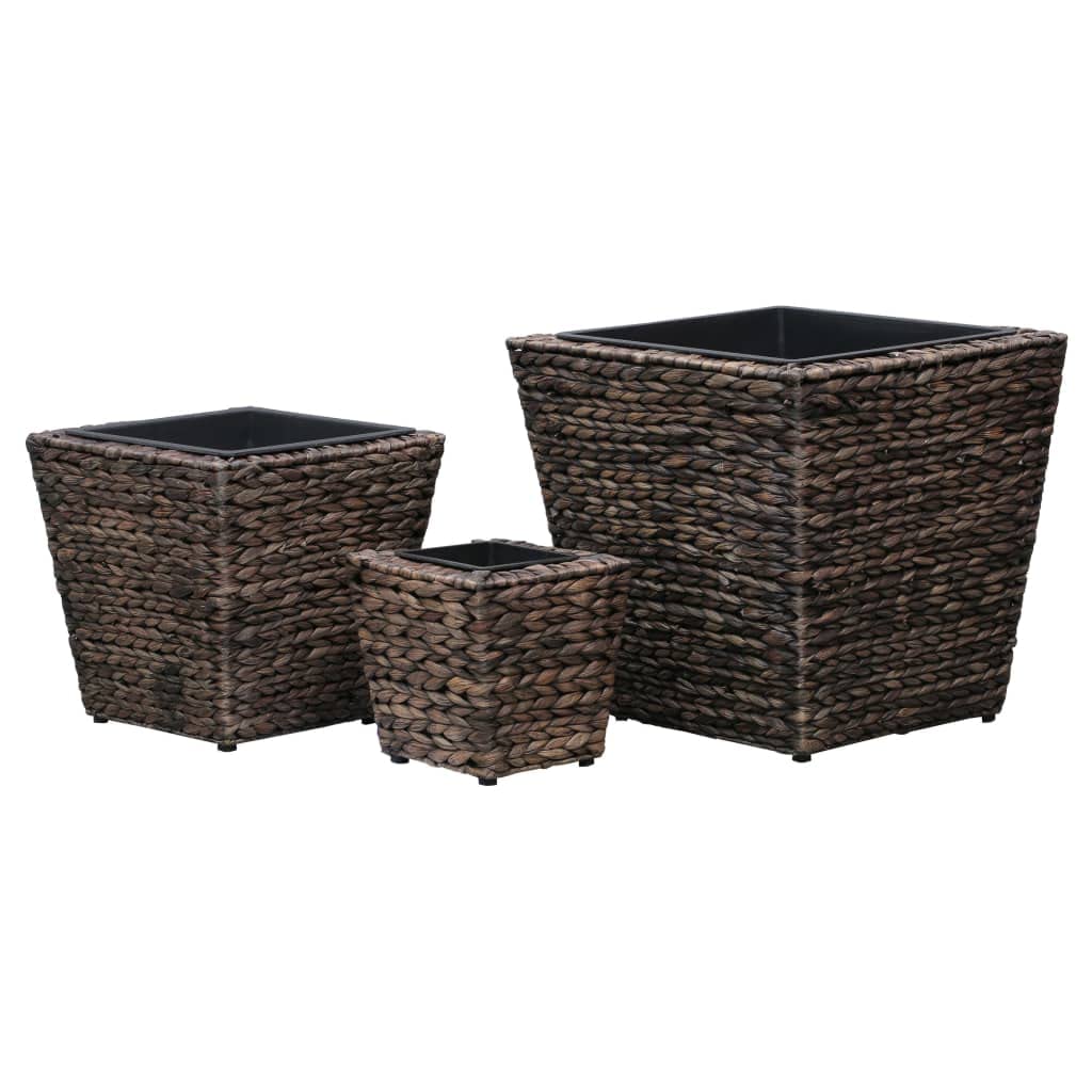 Blumenkübel Set 3 STK. aus Wasserhyazinthe Braun mit Stahlrahmen und herausnehmbaren Innentöpfen für Blumen, Kräuter, Orchidee, Bonsai, Zimmer, Fensterbank, Indoor Dekoration
