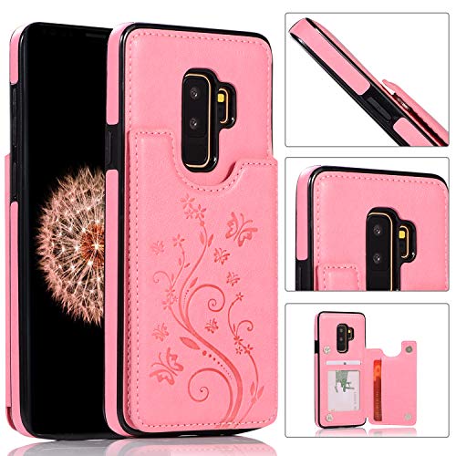 QFUN Back Wallet Case for Samsung Galaxy S9 Plus with Stand, Elegant Embossed Design [Butterfly Flower] Lightweight Slim Fit Leather Phone Case with Card Holder Protective Bumper Flip Cover - Pink