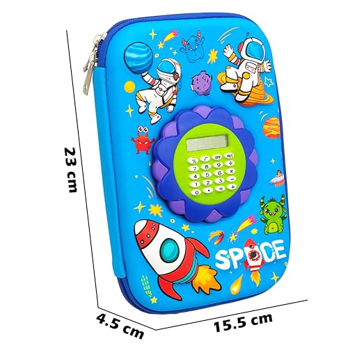 Image of VGRASSP Space Theme Stationery Pencil Case for Kids with Mini Calculator - 3D EVA Zipper Pouch with Multi Storage Compartments - Fun School Stationery Organizer - Multicolor