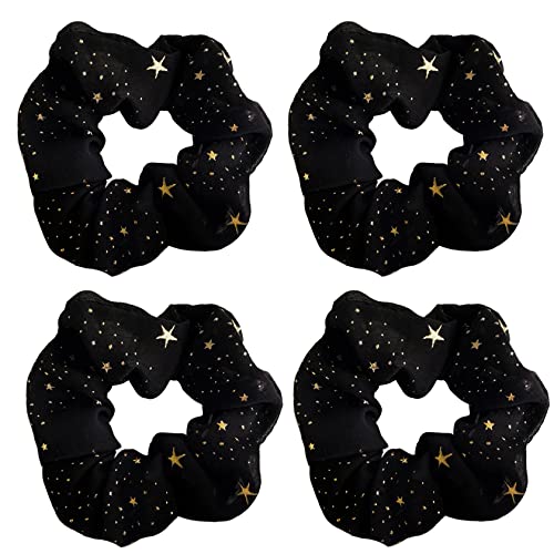 4 Pack Glitter Stars Fabric Hair Scrunchies Skin Friendly Hair Bobbles Elastics Ponytail Holders Hair Wrist Ties Bands Cloth Scrunchies for Show Gym Dance Party Club Girl (Black)