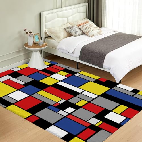 Tapis de salon 200x300 cm bleu marine avec motif patchwork géométrique abstrait