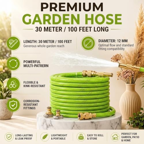 Image of RedHerring Milky Green 20 Meter / 66 Feet Heavy Duty Braided Garden Hose Pipe With Metal High-Pressure Nozzle | Flexible, Durable & Kink-Resistant | Ideal for Gardening, Car Washing & Outdoor Cleaning