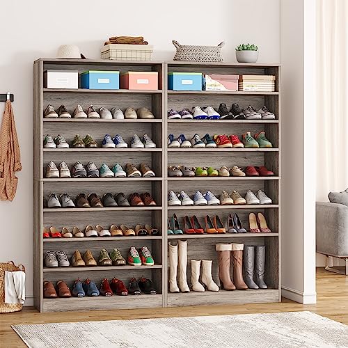 Tribesigns Tall Shoe Cabinet, 9 Tiers 40-45 Pairs Heavy Duty Wood Freestanding Shoe Storage Cabinet, 70.8'' Tall Shoe Cabinet with Open Storage for Entryway (Beige Gray)
