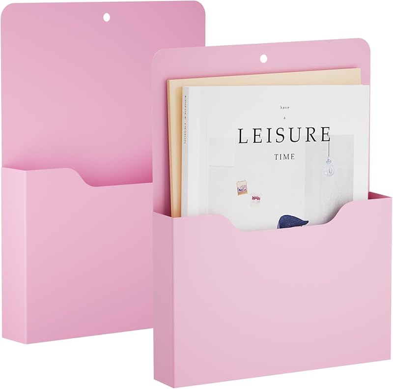 Marbrasse Paquete de 2 soportes magnéticos para archivos, soporte de papel, organizador de bolsillo, organizador de archivos para colgar en la pared, almacenamiento de suministros de oficina, estuche organizador de revistas para cuadernos, planificadores, cartas (rosa)