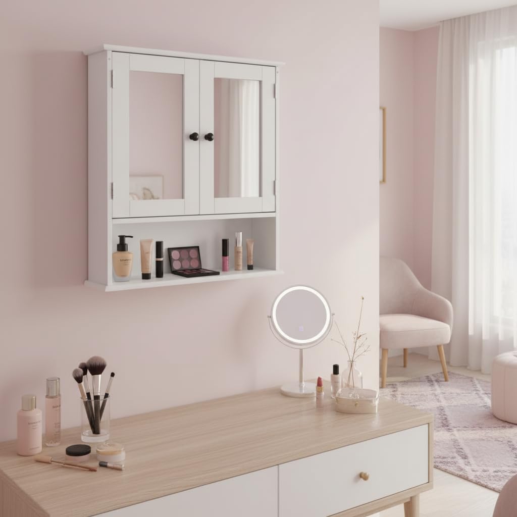 Leomark Biała uniwersalna szafka wisząca z lustrem i drzwiczkami 55,5 x 12,5 x 58 cm zamykana szafka ścienna kompaktowa łazienkowa Meghan