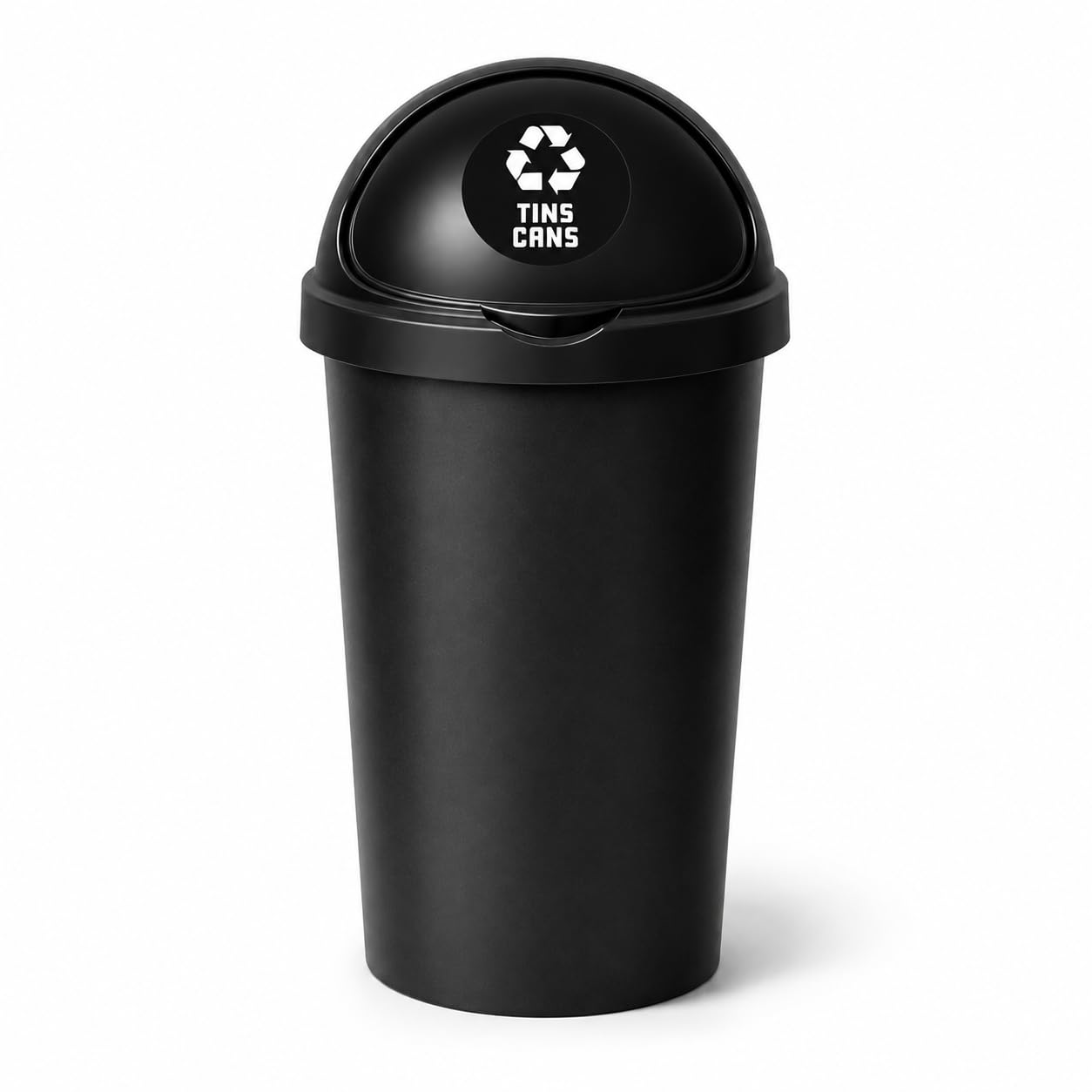 SPECTRAPLAST® 50L Bullet Bin with Coloured Lid & Sticker, Large Kitchen Rubbish Bin, Plastic Waste Bin for Home, Office, Bathroom & Utility Room, Indoor Recycling Dustbin (BLACK, TINS CANS)