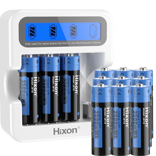 Hixon Baterías recargables AA, baterías AA de litio con cargador LCD, 3500 mWh de alta capacidad, 1500 ciclos, salida constante de 1.5 V [12 AA + cargador]