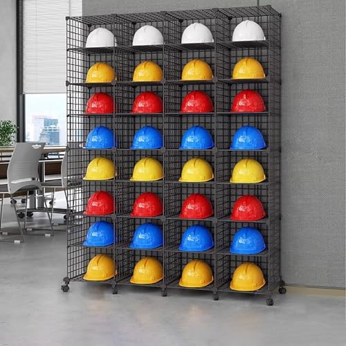Adjustable Stackable Safety Helmet Storage Boxes with Wheels - 16 Grids, 8 Layers Floor-Standing Hardhat Display Shelf for Construction Site, Garage, Workshop, Factory