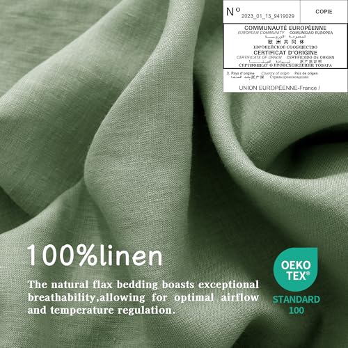 EVERLY Linen Sheets Set King Size,100% French Stonewash Pure Linen Sheets Set,4Pieces (1Flat Sheet,1Fitted Sheet,2Pillowcase) Suitable for Hot Sleepers,Deep Pocket Natural Bedding Set-Saga Green-King