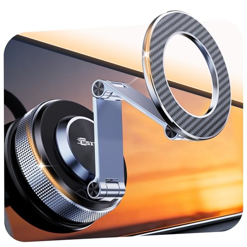 MSXTTLY Magnetic Car Phone Holder 360 Adjustable Tesla Phone Mount Suction Phone Mount 2026 Zinc-Alloy Vacumm Magsafe Phone Holders for Your Car for iPhone 17 Pro Max 16 15 14 13 12 Plus Carbon Fiber