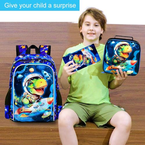 Image of UFNDC 3PCS Dinosaur Backpack for Boys, Kids Space Bookbag with Lunch Box, 16 inch Water Resistant Rocket School Bag for Elementary Preschool Toddler
