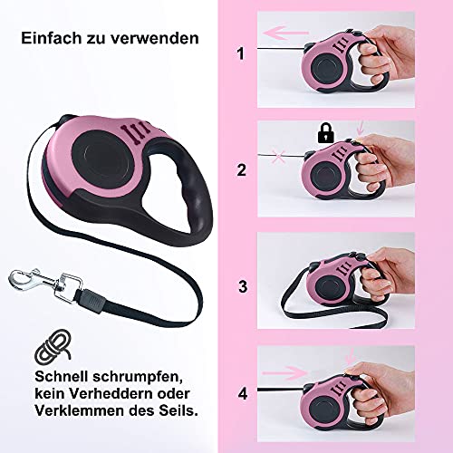 Hundeleine, Einziehbar Hundeleine,hundeleine ausziehbar,für Kleine, Mittlere und Große Hunde, Rosa, 5 m
