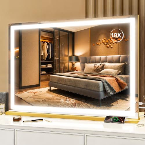 Image of ROLOVE Gold Hollywood Vanity Mirror with Lights, 35.5 inch x 27 inch Large Makeup Mirror, Luxury Gold Frame, USB Charging Port, 3 Color Dimmable Lighting, Detachable 10X Magnifier, Wall Mounted or Tabletop