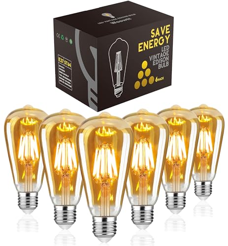 WOOWTT LED Edison Glühbirne E27 Birnen 4W Antik Retro Stil LED Vintage Glühlampe Dimmbar Filament Glühlampe Amber Glas ST64 2700K 6 Stück