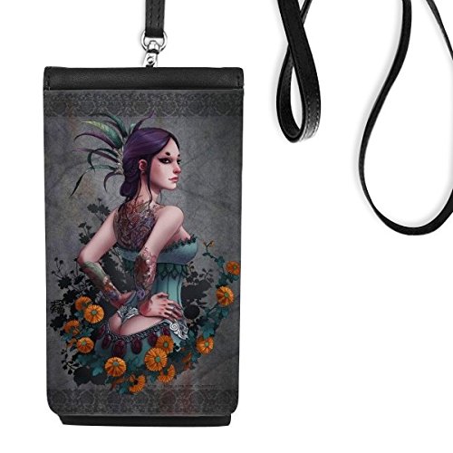 Porte-monnaie téléphone noir suspendu avec motif faux tattoo fille fleur peinture