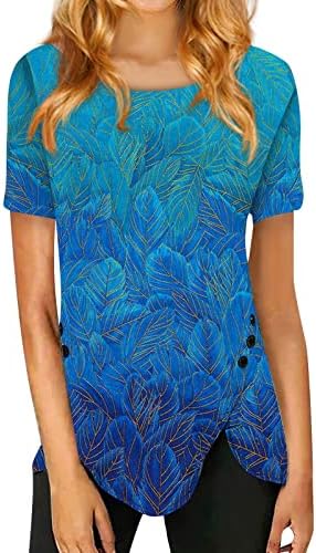 Blue M T Shirts for Teen Girls Short Sleeve Crew Neck Top Dressy Button Down Shirts Flower Print Irregular Hem Tunic Tops Blouse