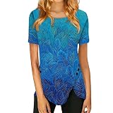 Blue M T Shirts for Teen Girls Short Sleeve Crew Neck Top Dressy Button Down Shirts Flower Print Irr