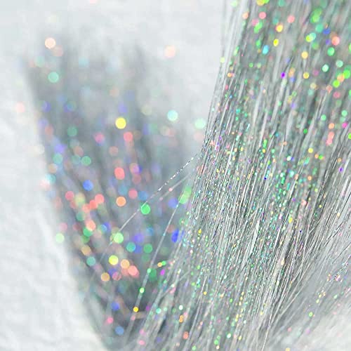 OTO BELLA Hair Tinsel kit, 800 trådar 119 cm glitter trådar glänsande guld älva hår glitter hårförlängningar fest lätt att applicera, holografiska håraccessoarer för flickor (silver)