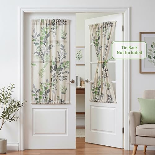 Image of MYSKY HOME Floral Linen French Door Curtains 40 inch Long 2 Panels for Front Door Light Filtering Privacy Semi Sheer Window Curtains with Rod Pocket, Green, 24 inch W Each Panel