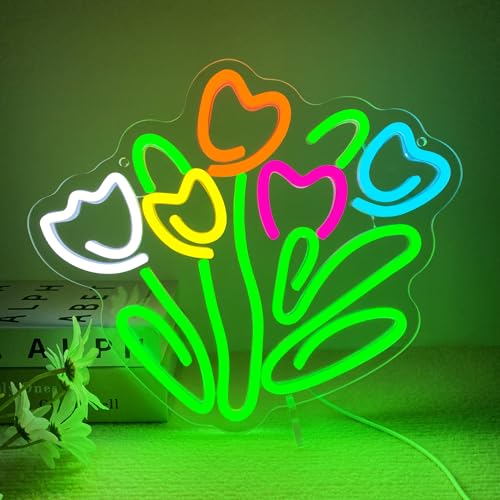 Dracey Tulip LED Neon Sign, Dimmable LED Tulip Flower Neon Light Signs, Florist Bunch Store Shop Bedroom Club Wall Decor, Gift for Mother's or Valentine's Day(13 * 11.4 in)