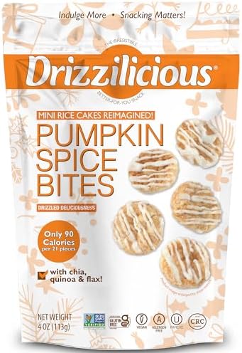Drizzilicious Mini Flavored Rice Cakes - Rice Crisps, Healthy Snack for Adults and Kids, Vegan, Gluten Free Snack, Only 90 Calories Per 21 Pieces - Pumpkin Spice, 4 oz (Pack of 6)
