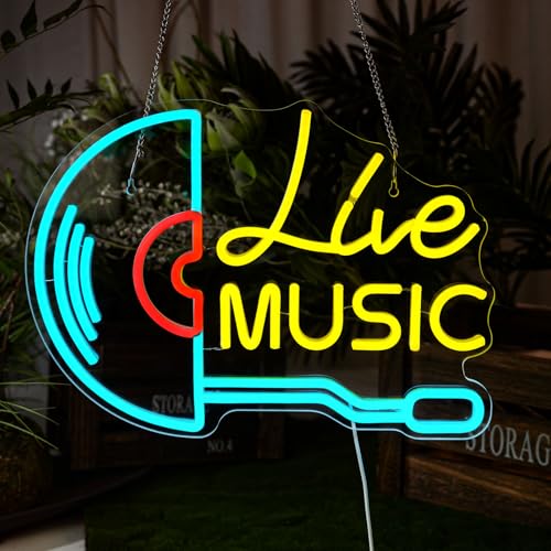 Image of Live Music Neon Sign Retro Vinyl Record Player Neon Signs LED Lights Recording for Wall Decor Music Room Studio Classroom Beer Bar Party Club Livehouse Bedroom Decoration Vintage Light