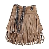 die Tasche mit tollen Details OBC Made in Italy Damen Tasche mit Kette/Kettentasche Bucket Bag Fransen Wildleder Kroko Handtasche Umhängetasche Schultertasche Beuteltasche (Dunkeltaupe 20x25x19 cm)