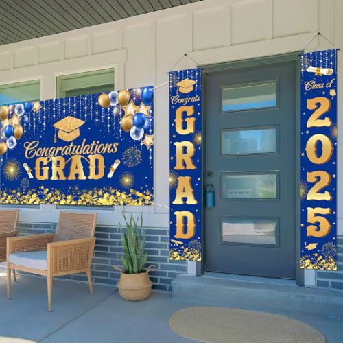 Image of AIBIIN Blue and Gold Graduation Decorations, Class of 2025 Graduation Backdrop Banner Proch Sign 2025 Congratulations Grad Party Supplies Decorations
