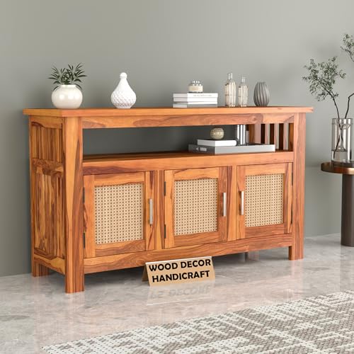 Image of Sheesham Wood Kitchen Cabinet with Cane Woven Doors | Solid Wood Storage Sideboard with Open Shelf & 3 Door Cabinet | Rosewood Storage Cabinet for Living Room (Natural Finish)