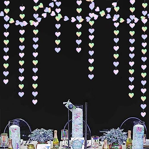 Image of Iridescent Disco-Holographic Heart Garland - 52Ft Wedding Hanging Decoration Neon Streamers Banner, Perfect for Bridal Shower, Birthday, Baby Shower, Engagement, Valentines Day Decor